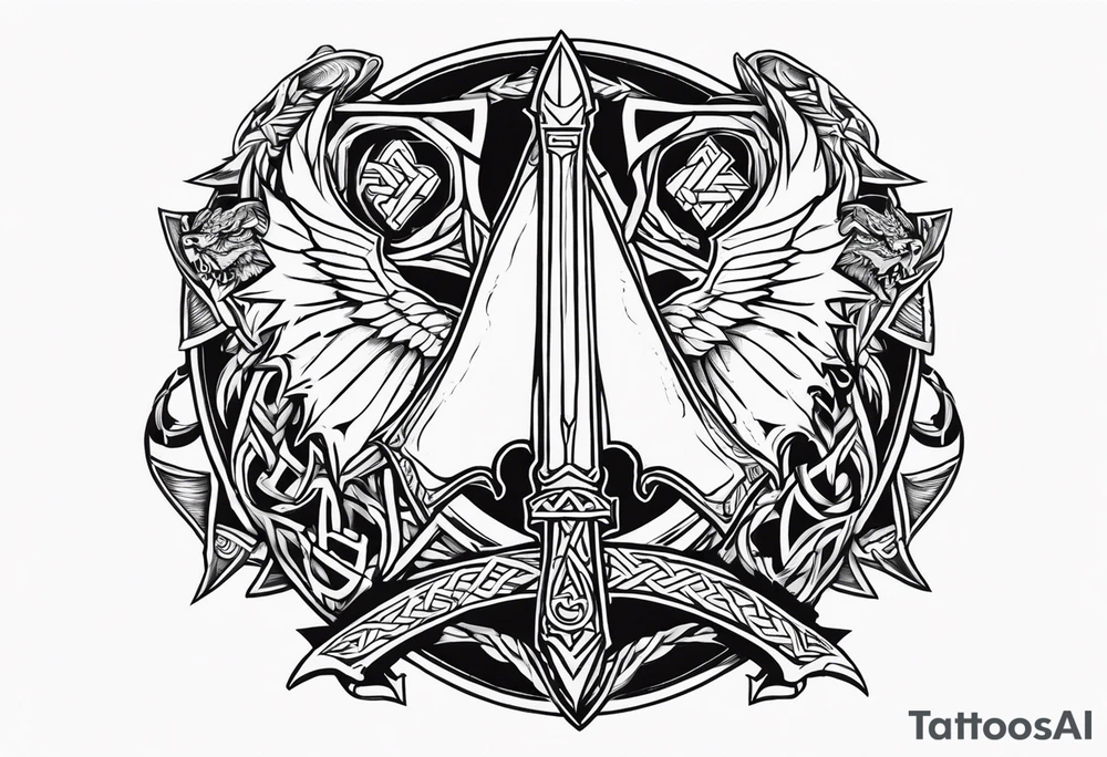 Valhalla sword shield dragon axe Valknut tattoo idea