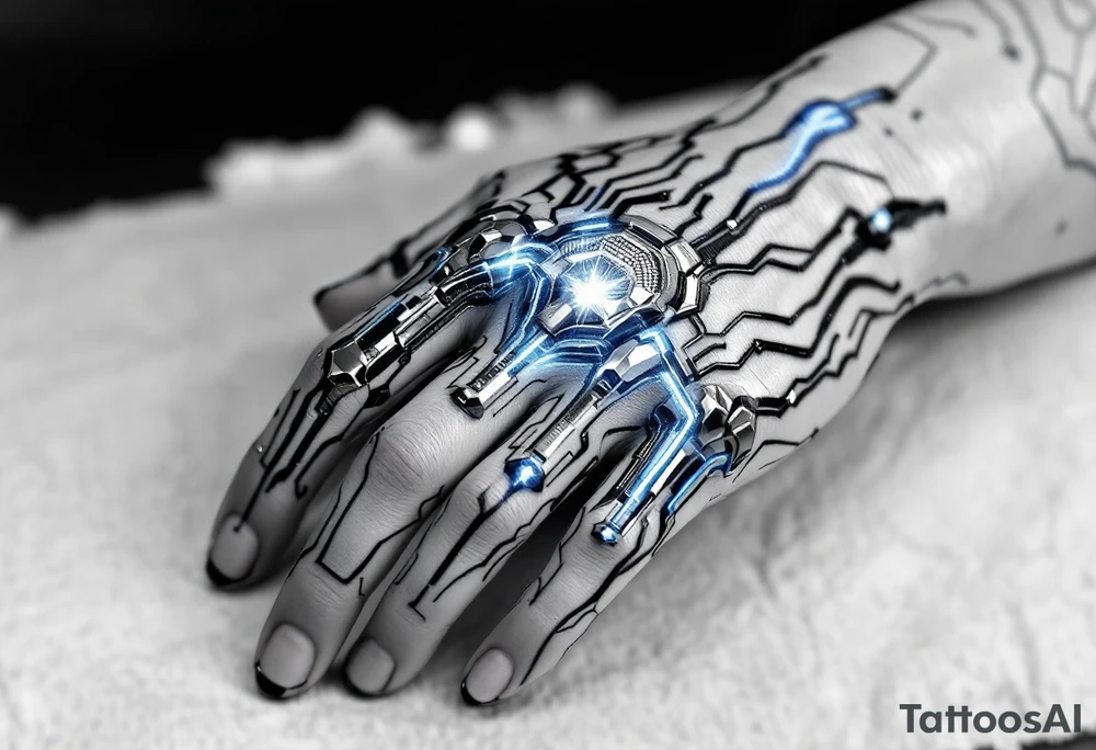 A futuristic chrome hand design with sapphire-blue energy lines tracing each finger like circuits. tattoo idea