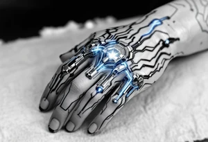 A futuristic chrome hand design with sapphire-blue energy lines tracing each finger like circuits. tattoo idea