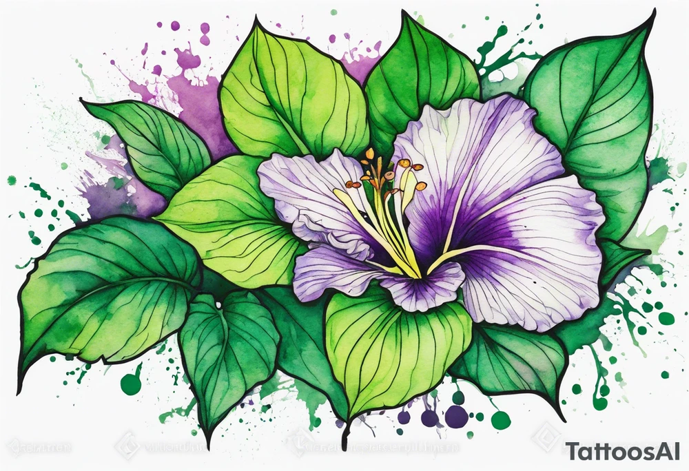 An outline of a green rio dipladenia flower and a green and purple watercolor splash in the background tattoo idea