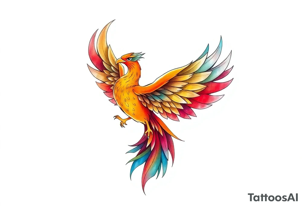 Phoenix rising with nonbinary flag colors blended in watercolor style, transparent background. tattoo idea