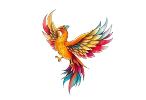 Phoenix rising with nonbinary flag colors blended in watercolor style, transparent background. tattoo idea