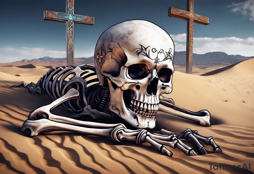 skeleton crawling towards a cross in a desert tattoo idea