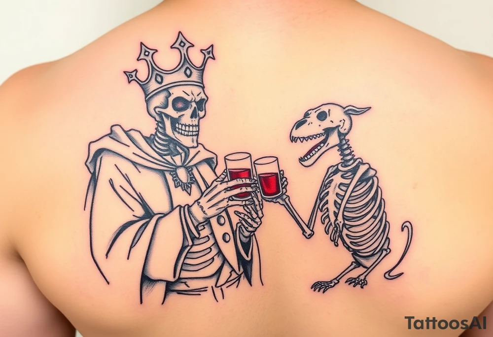 evil skeleton king in clothes having a good time getting drunk with skeleton dog tattoo idea