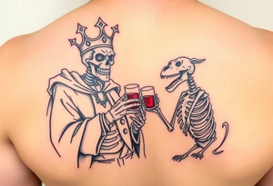 evil skeleton king in clothes having a good time getting drunk with skeleton dog tattoo idea