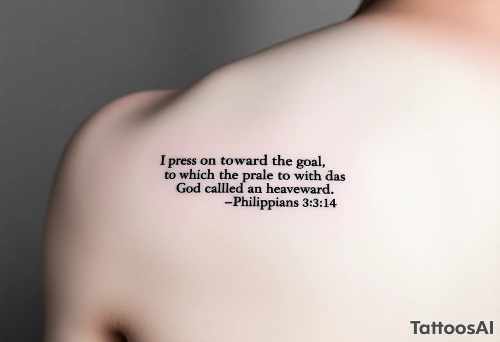 Minimalist tattoo on inner bicep. Mostly text of Philippians 3:14: I press on toward the goal to win the prize for which God has called me heavenward in Christ Jesus. Some design element tattoo idea