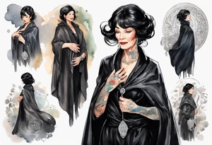 a beautiful 60-year-old black-haired woman dressed in a black cloak with a silver brooch tattoo idea