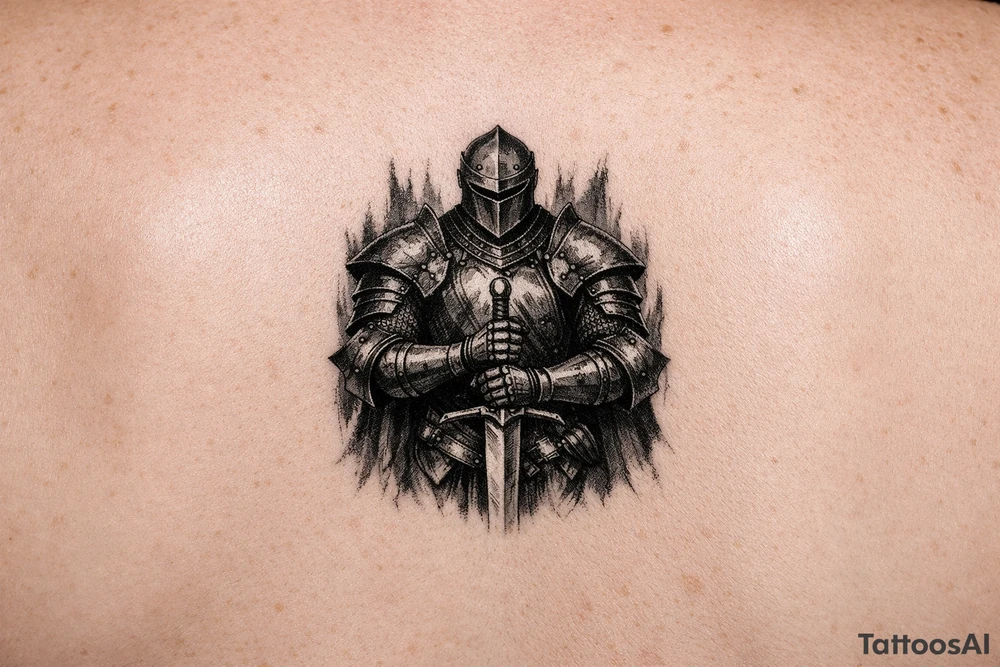 Knight in full plate armor, holding a sword, stoic pose, dark fantasy style tattoo idea