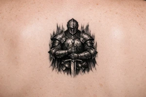 Knight in full plate armor, holding a sword, stoic pose, dark fantasy style tattoo idea
