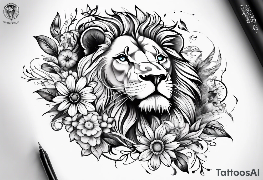 Sleeve tattoo lions head, compass, topete, daisy flower tattoo idea
