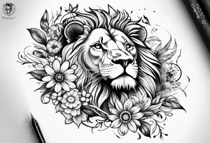 Sleeve tattoo lions head, compass, topete, daisy flower tattoo idea