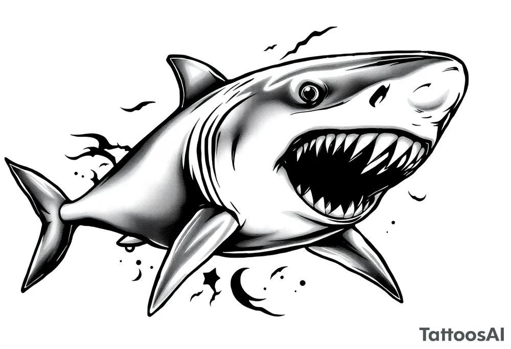 Masculine strong great white shark flowing tattoo idea