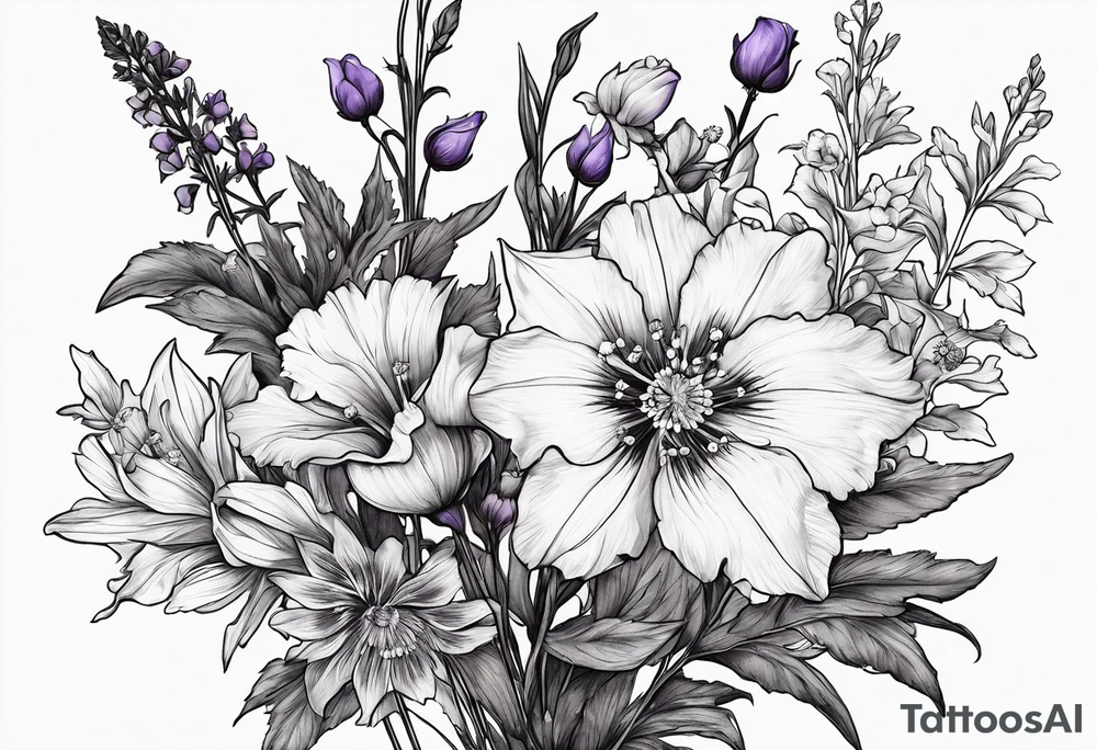 Bouquet with larkspur with stem, carnation with stem, violet, with stem, daisy with stem tattoo idea
