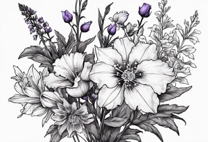 Bouquet with larkspur with stem, carnation with stem, violet, with stem, daisy with stem tattoo idea
