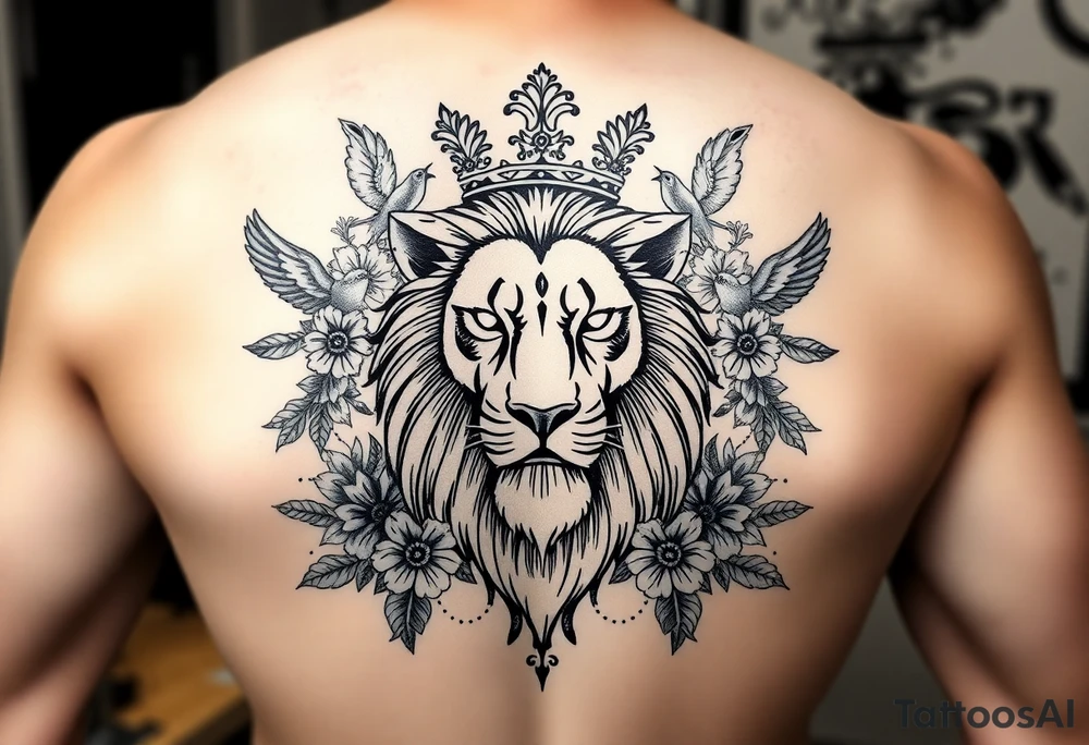 powerful majestic lion with a crown, surrounded by floral ornaments and birds tattoo idea