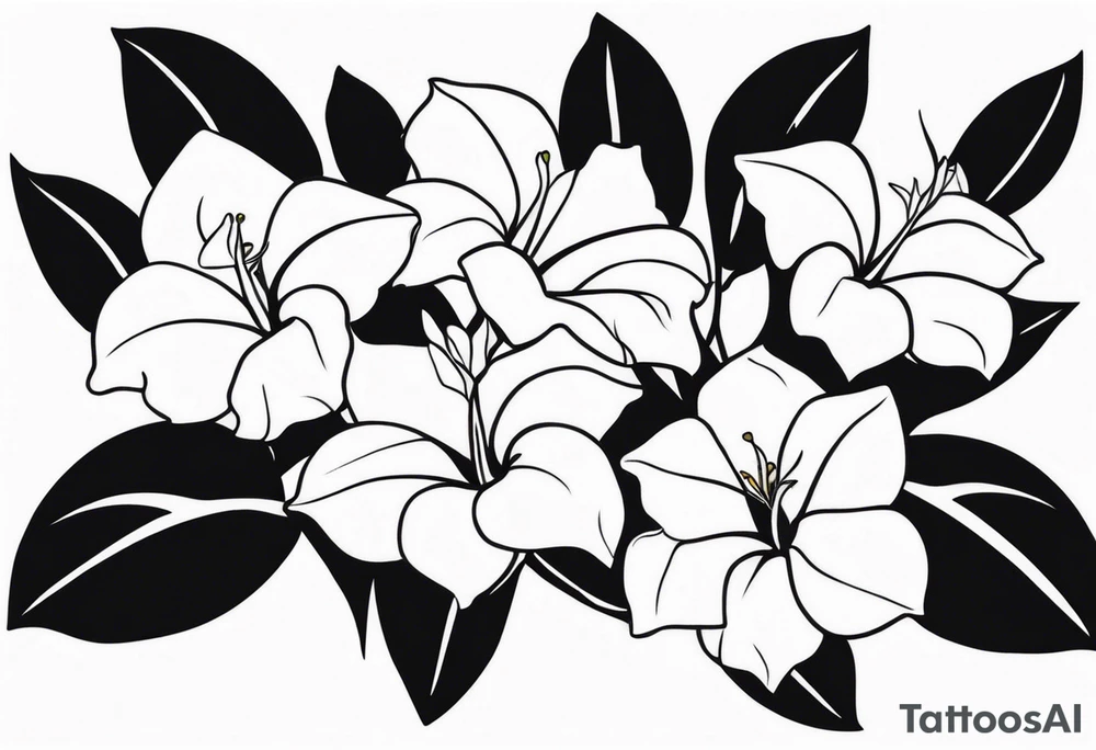 white background, abstract mandevilla flowers on a vine, part of it watercolor, part of it just line work tattoo idea
