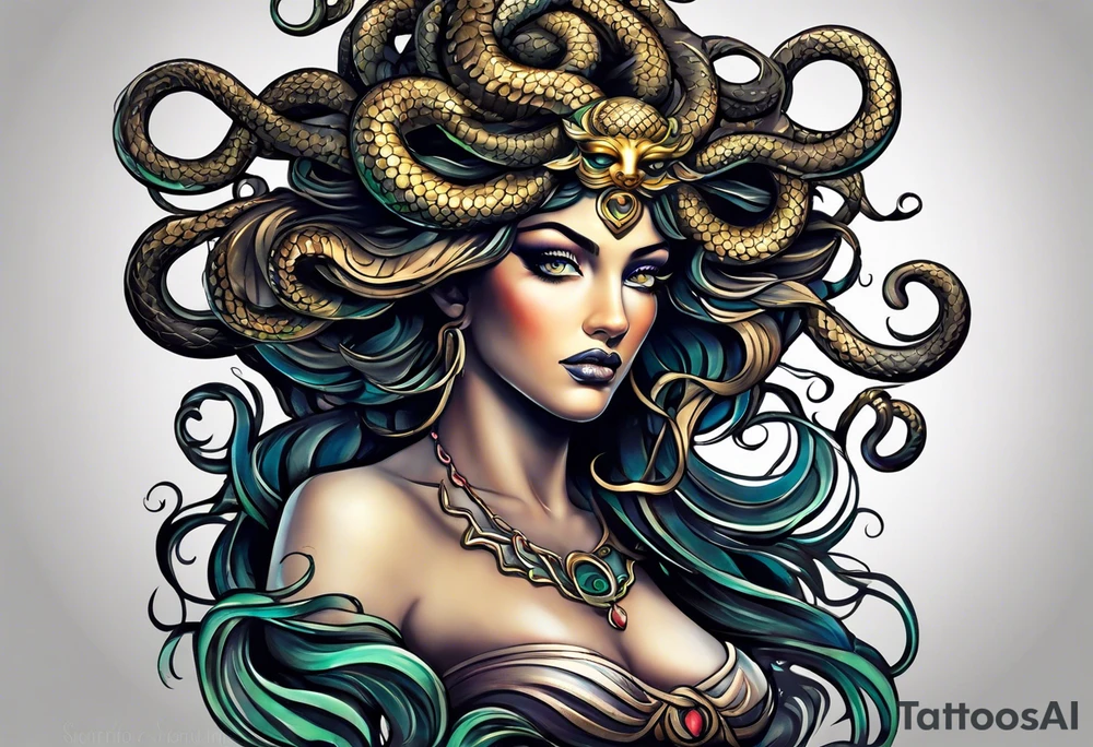 Medusa head with a mysterious expression, capturing both her allure and danger. Blend dream-like qualities with the striking figure of Medusa. tattoo idea