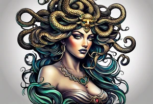Medusa head with a mysterious expression, capturing both her allure and danger. Blend dream-like qualities with the striking figure of Medusa. tattoo idea