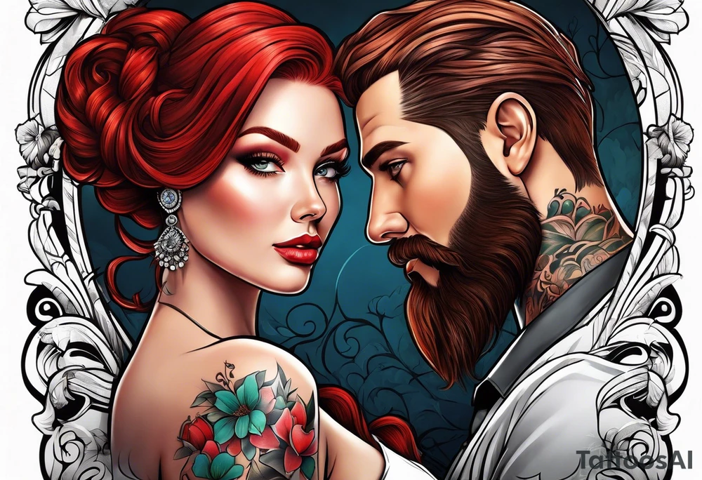 Busty Red haired woman with black haired bearded man tattoo idea