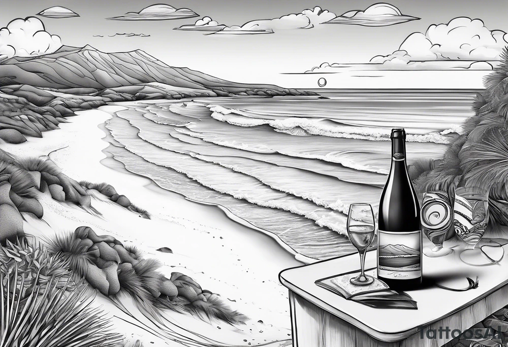 Beach with hills behind a rugby ball, champagne bottle, book on the beach, a plane in the sky and a campervan on the beach tattoo idea