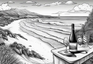 Beach with hills behind a rugby ball, champagne bottle, book on the beach, a plane in the sky and a campervan on the beach tattoo idea