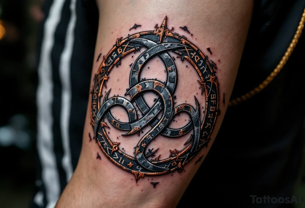 A heavy, Viking-style triskelion with a weathered iron or bronze texture, detailed with runes and Norse knotwork. Dark silver, deep copper, and black shading create a rugged, ancient look, symbolizing strength, resilience, and fate. tattoo idea