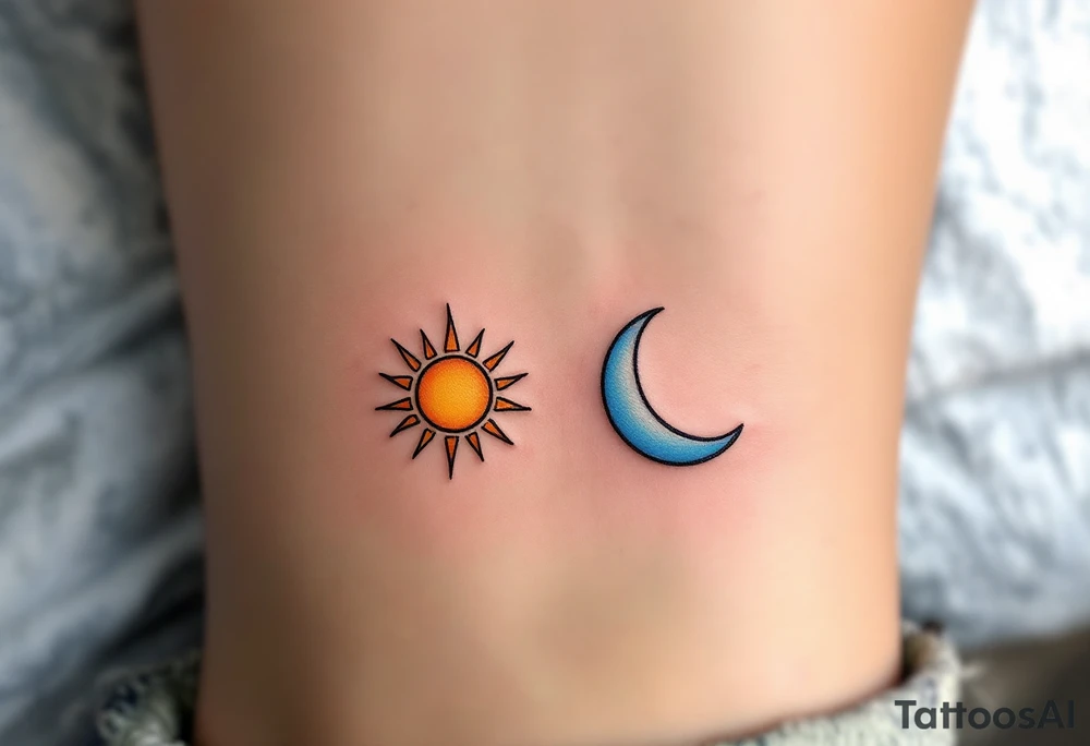 One has the sun’s fiery rays in orange and amber, and the other a crescent moon in gray and pale blue, forming a celestial cycle when side by side. tattoo idea