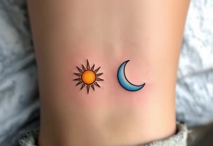 One has the sun’s fiery rays in orange and amber, and the other a crescent moon in gray and pale blue, forming a celestial cycle when side by side. tattoo idea