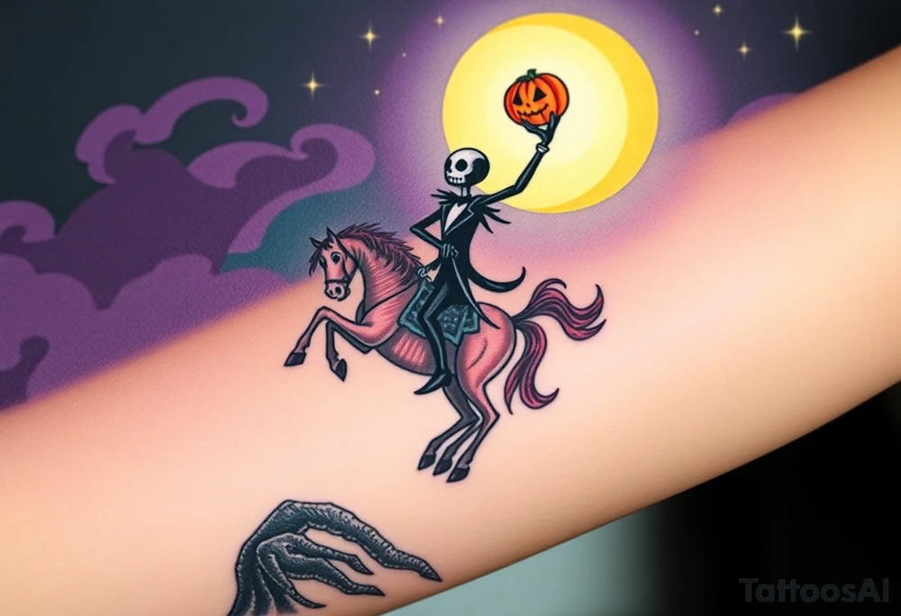 Tim Burton’s headless horseman is riding in the night he holds his pumpkin head in hand as his horse bucks upwards and dripping with muted reds, dusty pinks, and eerie green glow.purple and cyan smokey clouds swirl in the crescent moonlit sky thats sprinkled with stars tattoo idea tattoo idea