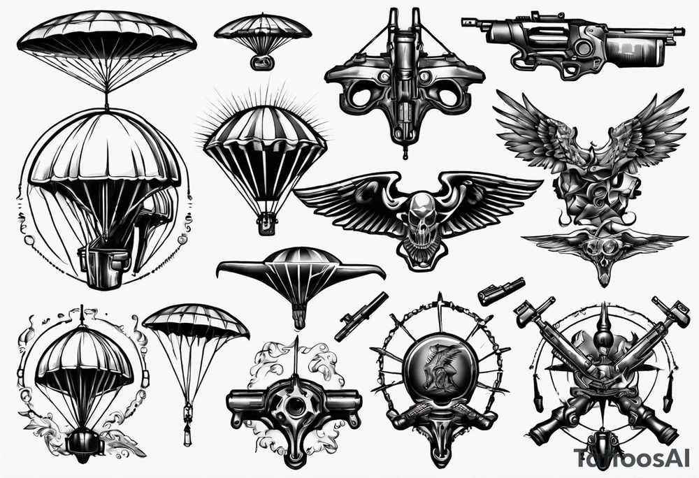 man parachute and shooting guns tattoo idea