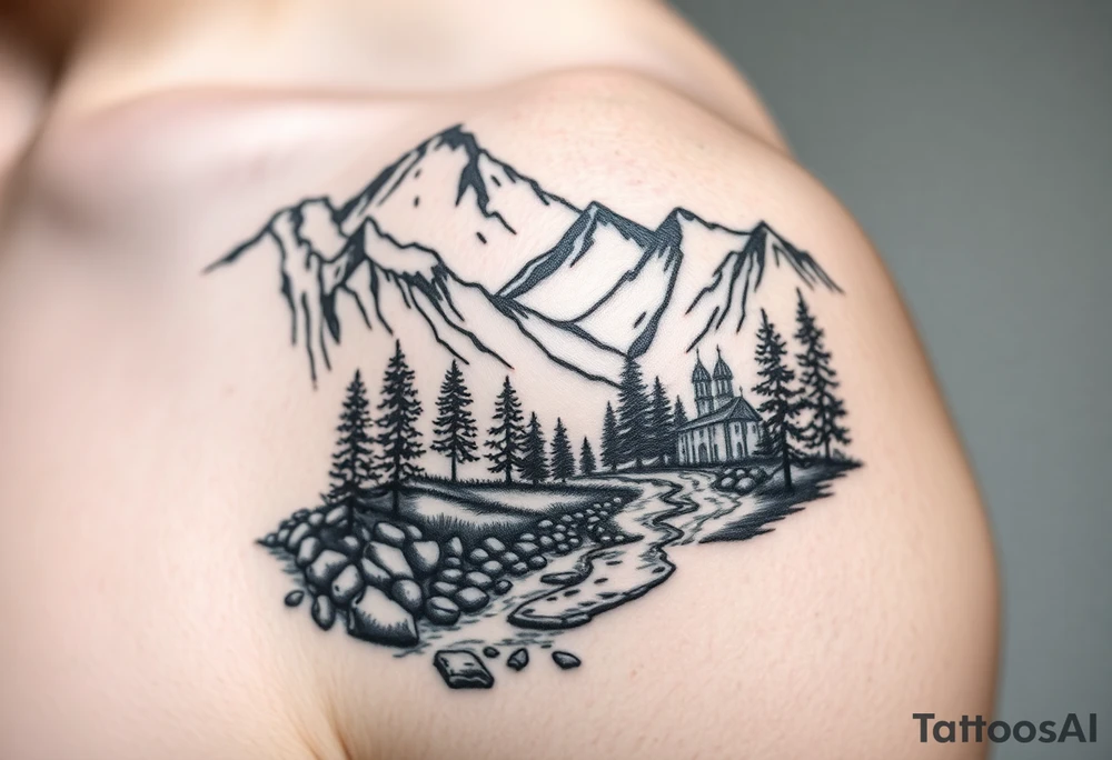 Mountainous valley with creek and a few trees with a Russian orthodox kazan scene covering my shoulder entering my upper arm tattoo idea