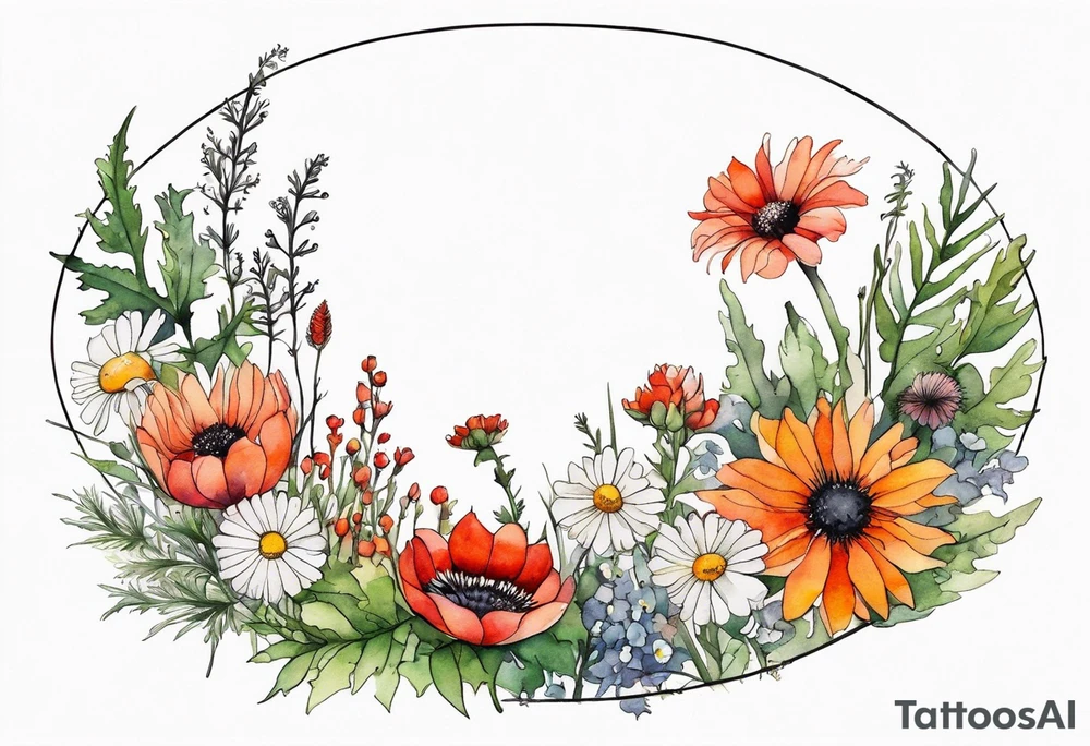 an oval of wildflowers cascading with thistles, ferns, white anemones, sun flowers, red flowers, black flowers, buttercups, orange flowers, babys breath and daisies all in watercolor tattoo idea