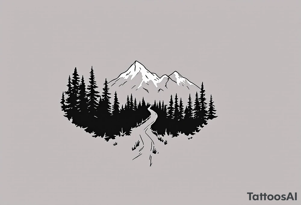 A minimalist design with a narrow path cutting through a dense forest, leading toward snow-capped mountains in the distance. The contrast between the dark woods (from Exile) and the snow-covered mountains (from Out of the Woods) shows the transition from hardship to hope. The path could be subtly winding, suggesting that the way forward is unclear, yet still leading to something more peaceful. tattoo idea