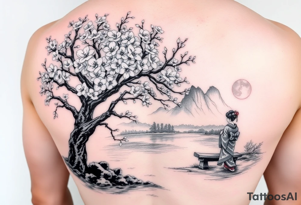 Large realistic cherry blossom tree in full bloom next to a river with mountains in the back ground and a geisha strolling next to a stone bench tattoo idea