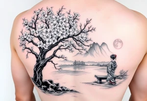 Large realistic cherry blossom tree in full bloom next to a river with mountains in the back ground and a geisha strolling next to a stone bench tattoo idea