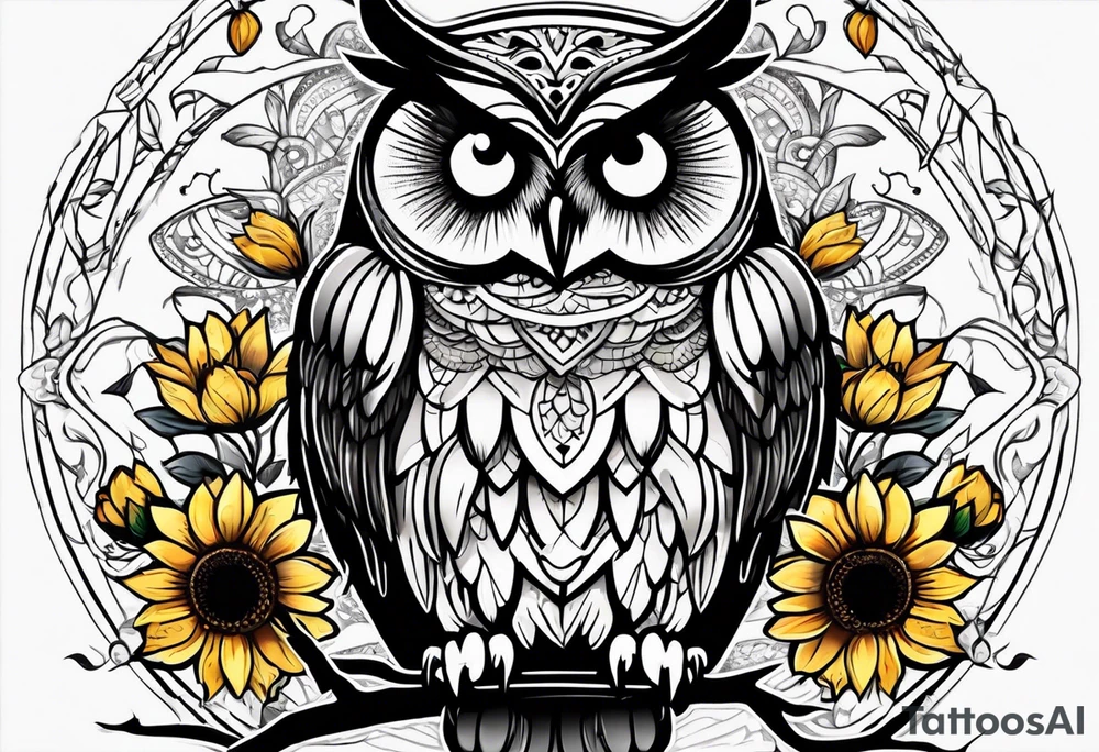 Owl with butterfly body surrounded by sunflowers tattoo idea