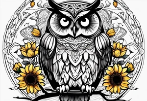 Owl with butterfly body surrounded by sunflowers tattoo idea