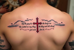 Red and black ink inner sleeve tattoo with bible verse the background faint clouds and 3 crosses one red in the middle under a chosen wrist tattoo before the hand/palm tattoo idea