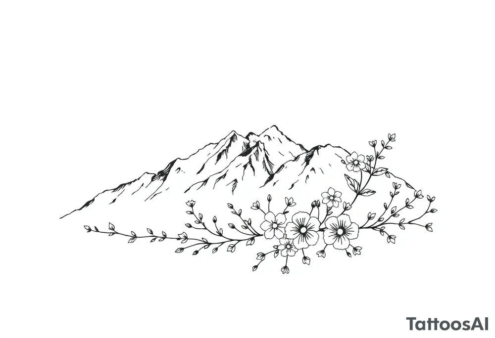 An elongated mountain range with vines and flowers mixed in tattoo idea