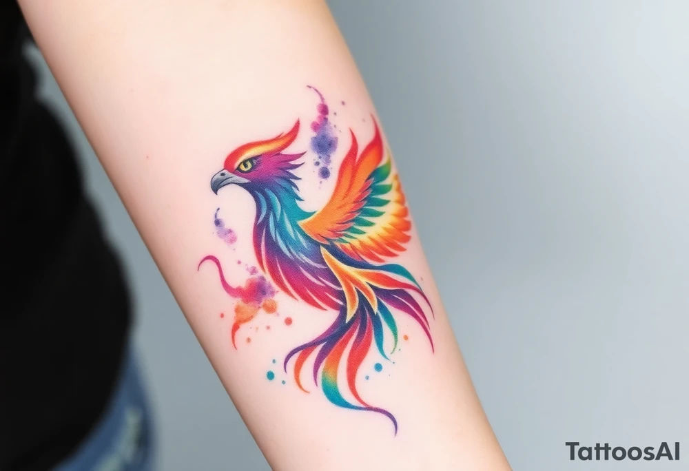 Phoenix in flames with purple, blue, orange, teal and green splashes, looking upwards with angry eye. No black outline. tattoo idea