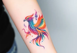 Phoenix in flames with purple, blue, orange, teal and green splashes, looking upwards with angry eye. No black outline. tattoo idea