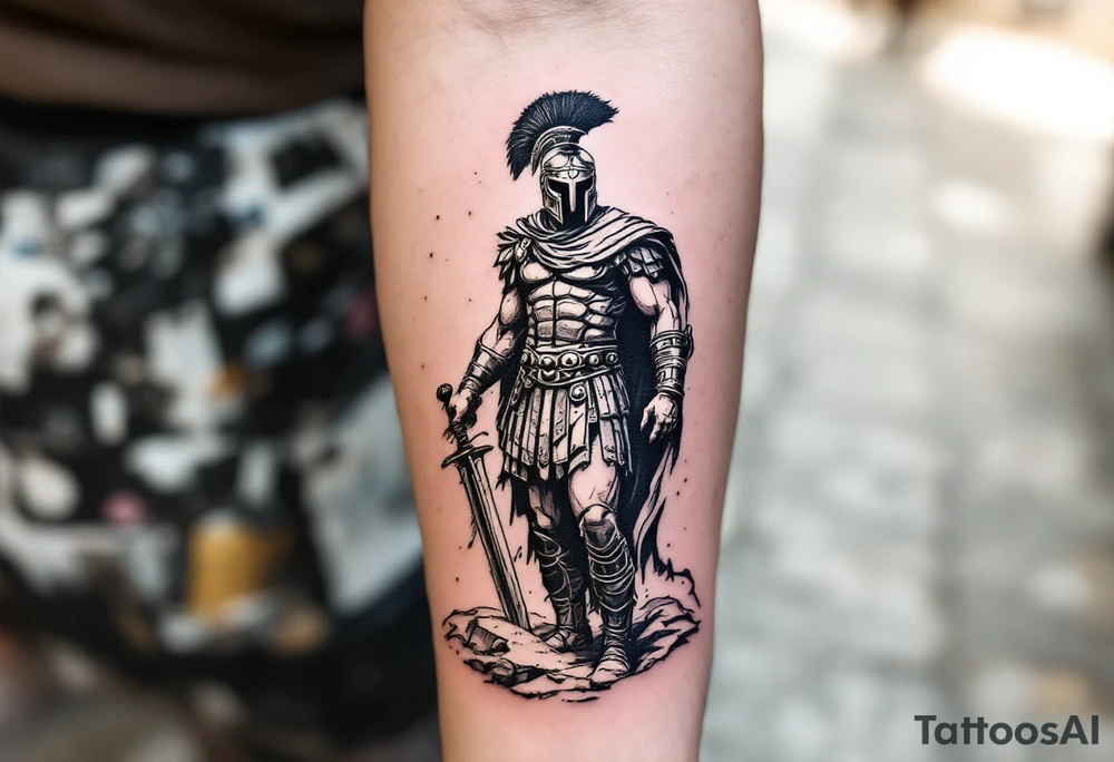 gladiator roman soldier standing colosseum interior combat sword helmet cape sand wind eagle legion trace tattoo idea