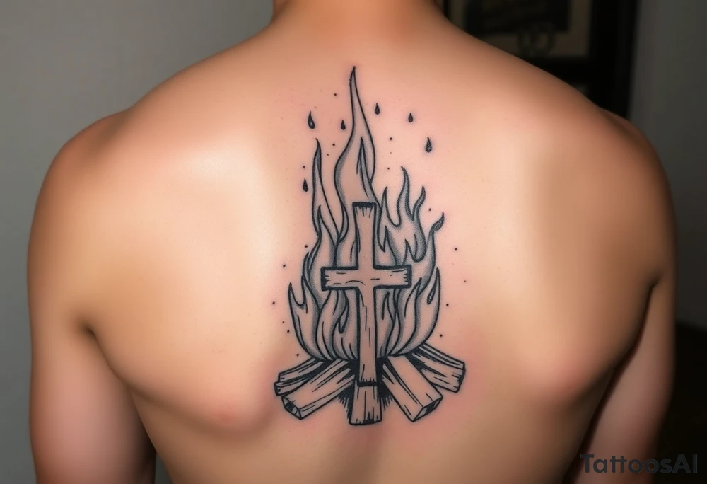 Campfire with a cross hidden in the flames tattoo idea
