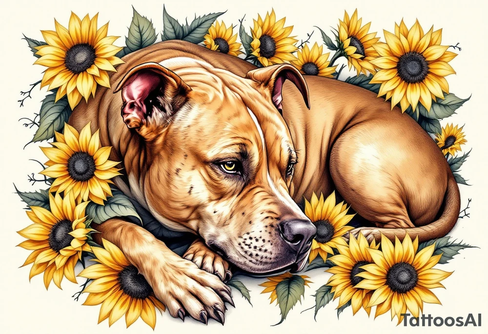 Staffbull Lying in Sunflowers
Golden brown Staffbull lying among yellow sunflowers. Warm color palette with fine detailing in the fur and petals. tattoo idea