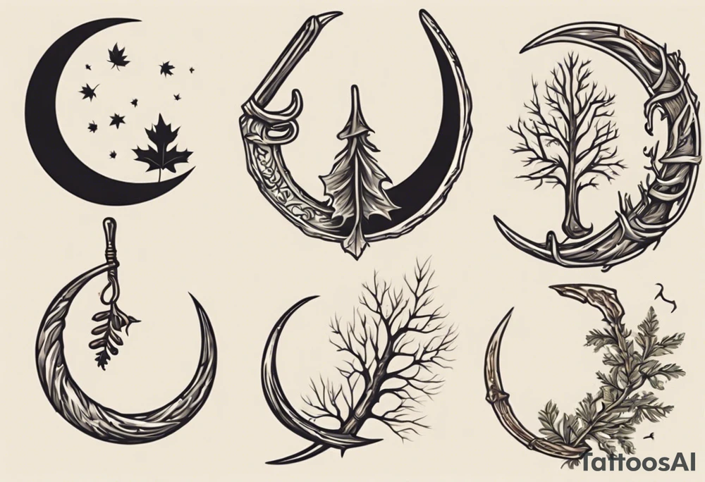 A druid sickle in the shape of a 1/4 moon, the handle has a acorn on the hilt, on the opposite side of the sickle there are four leafs,  an oak leaf in the spring, a birch leaf in the summer, a maple leaf with fall colors, and a pine leaf in the winter tattoo idea