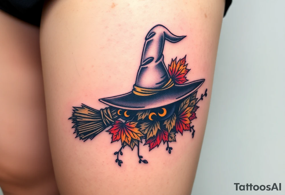 Which is broom with handle
 a witches hat with fall maple leaves and vines tattoo idea