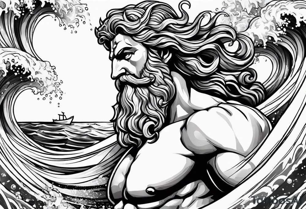 poseidon with waves close up tattoo idea