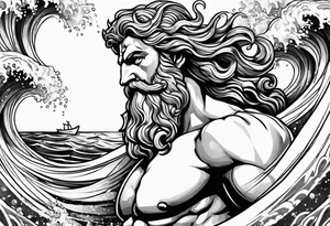 poseidon with waves close up tattoo idea