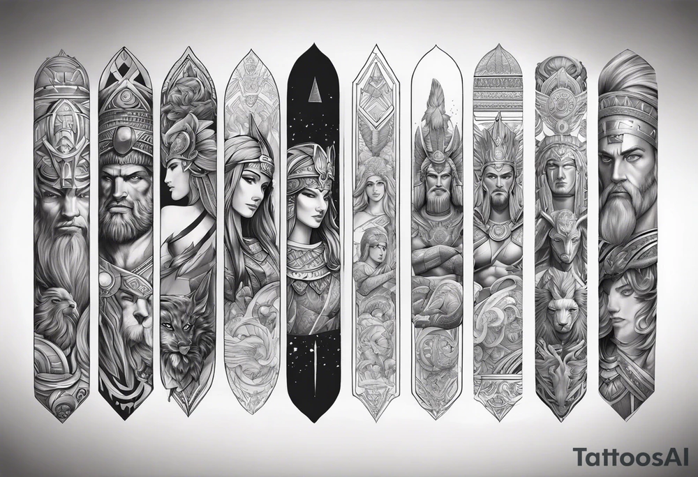 Arm sleeve. Mixed gods including.
Greek gods & Egyptian gods & norse gods tattoo idea
