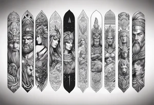 Arm sleeve. Mixed gods including. 
Greek gods & Egyptian gods & norse gods tattoo idea